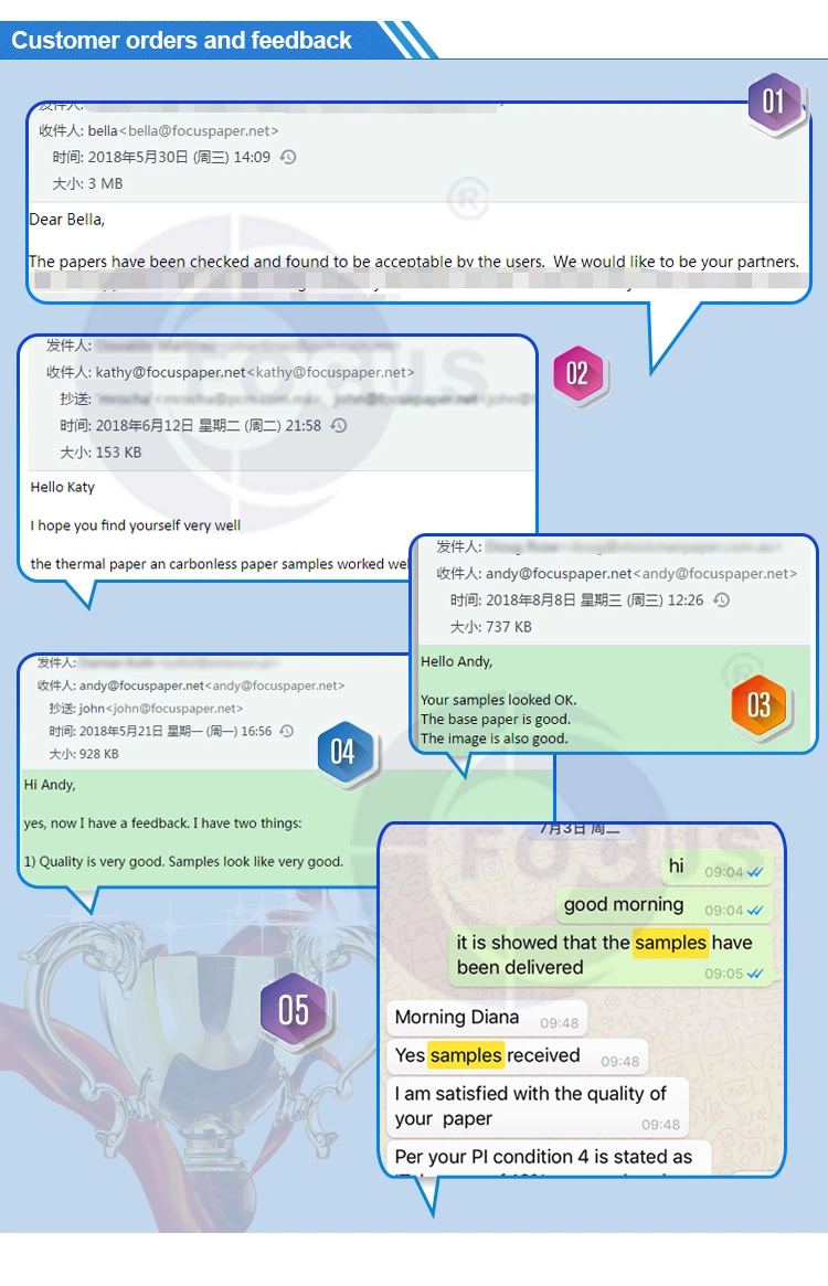 100٪ عذراء لب الورق الكربوني NCR ورق مكرر 50-80gsm 4